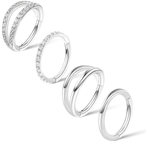 Lusofie 4Pcs Silver Hinged Hoop Earring Nose Ring Hoop Surgical Steel 16G Clicker Earring Hoops Piercing Jewelry for Women Men(8mm)