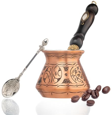 Jatisse Cezve Ibrik Briki - Caffettiera turca araba greca in rame, con manico in rame, 4 porzioni