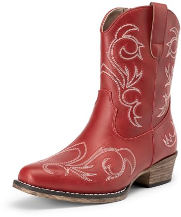 DREAM PAIRS Bottes Femme Western Courtes, Bottines Cowboy Cowgirl avec Broderie, Bout Carré, Talon Large, Mode à Fermeture Éclair,Size 40.5,Rouge,DWUMAB2511