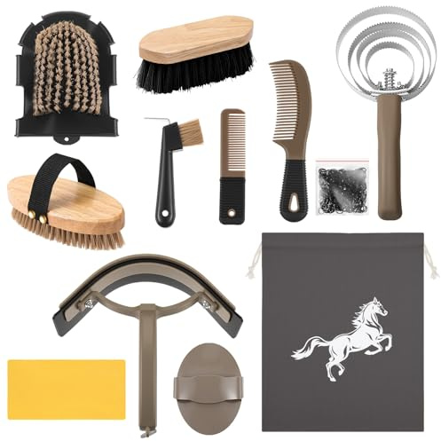 Abbylike 12 Pieces Horse Grooming Kit Equine Care Brushes, Dark Gray