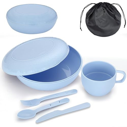 Evanda Kit Vajilla Camping, Plato, Taza, Cuchara, Tenedor, Cuchillo y Bolsa de Transporte, Reutilizable Accesorios para Acampar Equipo Esencial Ligero y fácil de Transportar o Poner en la Mochila