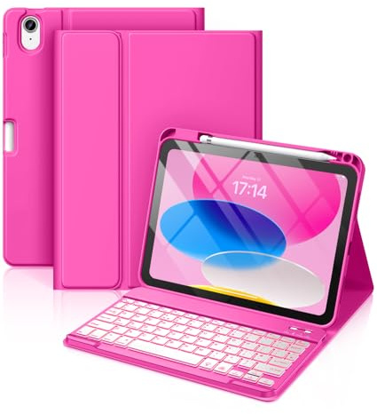 Vobafe Keyboard Case for iPad A16 11th Generation 11 inch/10th Gen 10.9 | 7 Colors Backlit Detachable Keyboard Folio Cover with Pencil Holder for iPad 11 2025/10th Gen 2022, UK Layout, BegoniaRed