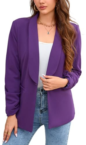 Yesfashion Women Long Sleeve Blazer Open Front Cardigan Jacket Work Office Blazer Dark Purple