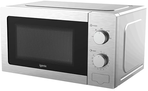 Igenix 20L 800W Stainless Steel Manual Microwave – 5 Power Levels, Defrost Setting, 35-Min Timer, Push Button Door, 255mm Turntable – IGMS02081SS