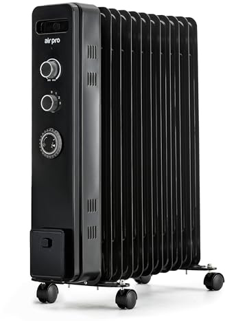 Air Pro Oil Filled Radiator 2500W with Thermostat & 24h Timer – 11 Fin Portable Electric Heater 3 Heat Settings, Overheat & Tip-Over Protection, Quiet for Home, Office and Any Room Radiator on Wheels