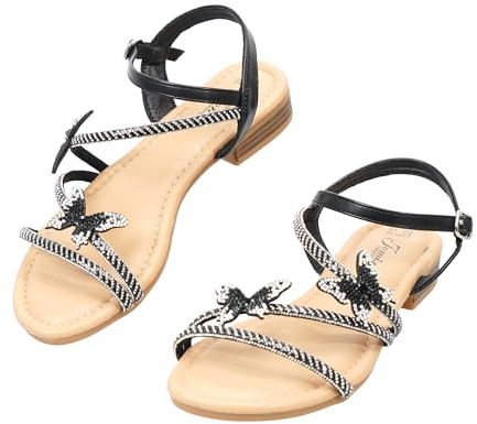 JOMIX Sandalia Mujer Planas con Mariposa de Strass, Hebilla Ajustable en el Tobillo, Zapatillas Sandalias de Verano Cómodas para Ocio y Vacaciones WFF260236 (Negro, 38)