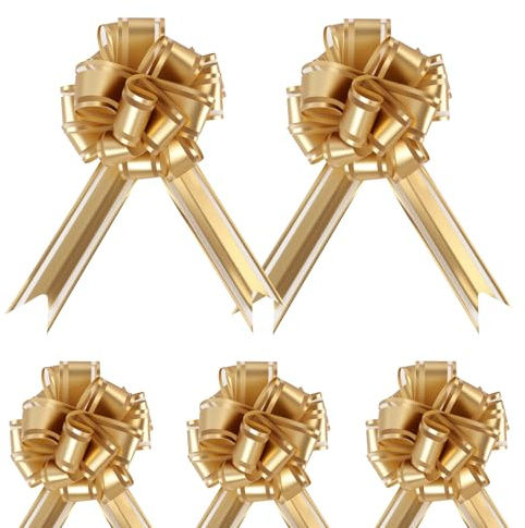 Lote de 5 Grandes Lazos Tiradores Dorados, Lazo Ancho 12 cm, Altura Total 24 cm, Ancho de Cinta 3 cm, Cinta de 165 cm, decoración para Regalos, Bodas, cumpleaños, Fiestas y Coches