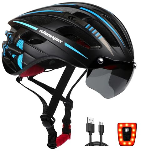 Caschi da Bici per Uomo e Donna, KINGLEAD Casco da Bici MTB con Occhiali Magnetici e Luce USB Ricaricabile, Casco da Corsa per Mountain Bike Regolabile con Strisce Riflettenti, 57-62 cm.