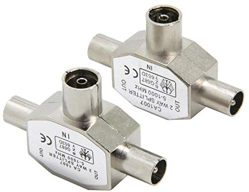 Divisor Antena Bidireccional T Totalmente Blindado,La Radio Adaptador T Acoplamiento Coaxial 2 Conectores DVB-T BK - 5-1000 MHz Plata Una Hombra a Dos Macho 2Paquete