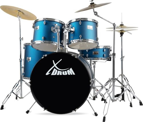 XDrum Semi 22 Standard Schlagzeug Satin Blue Sparkle - 22 BD, 12 TT, 13 TT, 16 FT, 14 SD - Set inkl. 16 Crash Becken und Galgenbeckenständer - Blau
