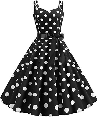 Rockabilly Kleider Damen 50er Jahre Vintage Retro 50s Petticoat Kleid Sommer Spaghettiträger Polka Dot Swing Pettycoatkleider Faltenrock Festlich Partykleid Coctailkleid Abendkleid Schwarz S