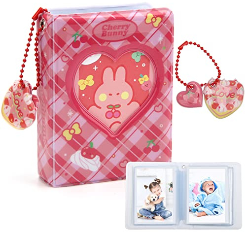 3 Inch Mini Photo Album, Catcan Kpop Photocard Holder Book 40 Pockets With Heart Cherry Pendant and Rabbit Card, Love Heart Hollow Out Photocard Binder For Collecting Picture(Red)