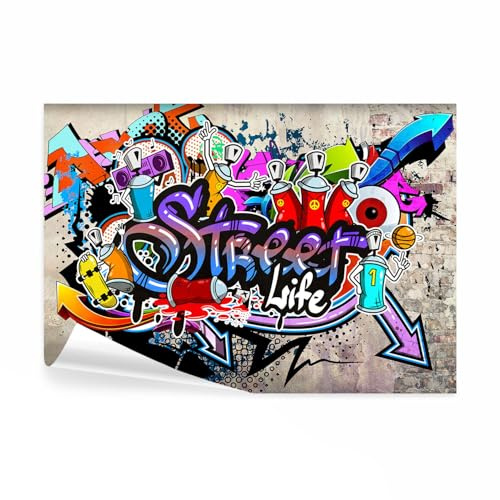 decomonkey Papier Peint Panoramique Adhésif Graffiti 294x210 cm Gris rouge | Stickers Muraux Salon Chambre Déco XXL Autocollant Bureau, Fond mural urbain coloré graffiti artistique, jaune