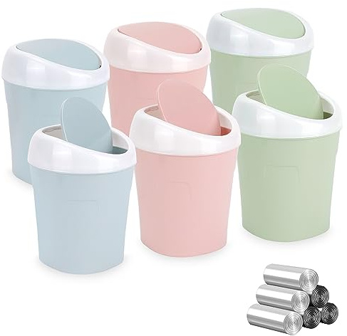 6 Piezas Mini Papelera Escritorio, Papelera Sobremesa con Tapa Abatible y 12 Rollos de Bolsas, 10x12x17cm Papelera de Mesa para Hogar, Oficina, Mesa del Tocador (Azul, Rosa, Verde)