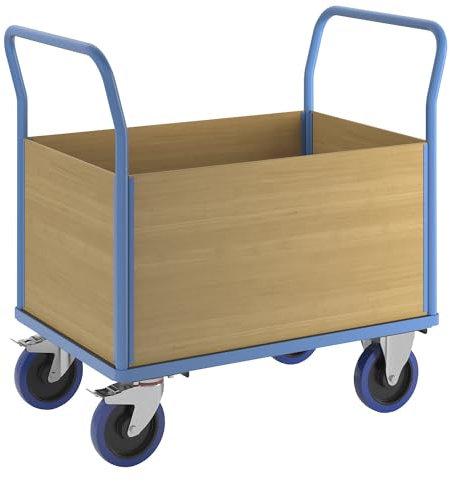 eurokraft | Plattformwagen mit Holzwänden | Vollelastik-Rollen | 4 hohe Wände | Ladeflächen-LxB 995 x 645 mm