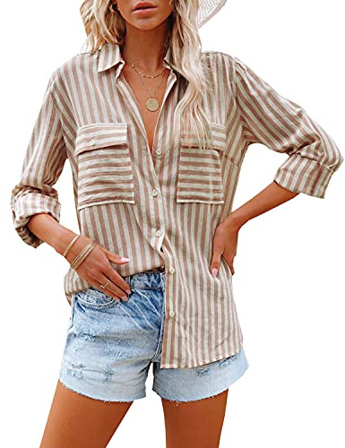 Zitiki Blusa Elegante de Rayas para Mujer, Cuello en V, Informal, Manga Larga, para Oficina, Trabajo, Tops con Bolsillo