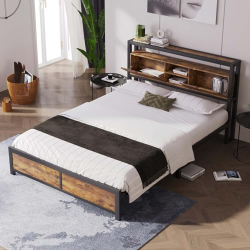 KOMHTOM Lit en Bois avec Tête de Lit à Rangement et Sommier métallique, Cadre de Lit Plateforme pour Adultes, Adolescents, Industriel(sans Matelas) (140 x 200cm)