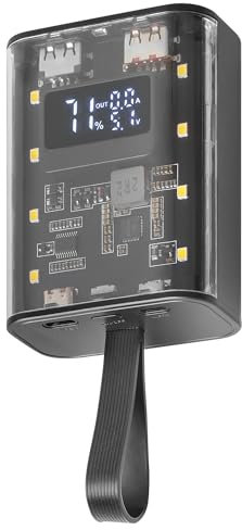 Mars Gaming MPK-10K, Power Bank Compacta 22.5W, Carga Rápida QC3.0 & PD3.0 10000mAh, Monitorización Inteligente de Batería con Carga Múltiple, Cordón + Linterna LED, Conectividad Universal, Negro