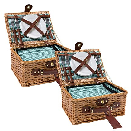 eGenuss 2 Handgefertigte Picknickkörbe für 2 Personen mit Kühlfach, Multifunktionsmesser, Edelstahlbesteck, Porzellanteller und Weingläser | GRÜN