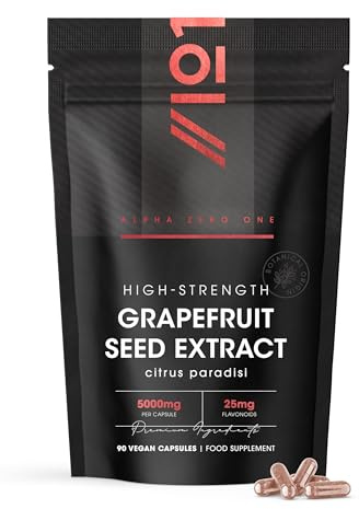 Grapefruit Seed Extract 5000mg – Standardised 25mg Flavonoids – 90 Vegan Capsules (3 Month Supply) – Resealable and Recyclable Pouch by Alpha01