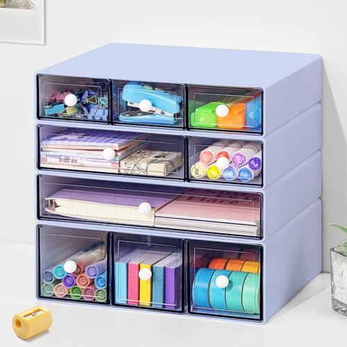 JOENCOST Organizer da scrivania con 9 cassetti, 4 cassetti impilabili in plastica per scrivania, cancelleria da ufficio, organizer per trucchi, adatto per casa, ufficio e scuola