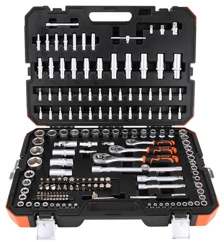 REALTEK 172 Piece Socket Set 1/4 1/2 3/8, Car Tool Kit with Bit Socket Set, 72 Teeth Quick Release Reversible Ratchet Set, CR-V Professional Mechanics Tool Set for Auto Repairing and Household