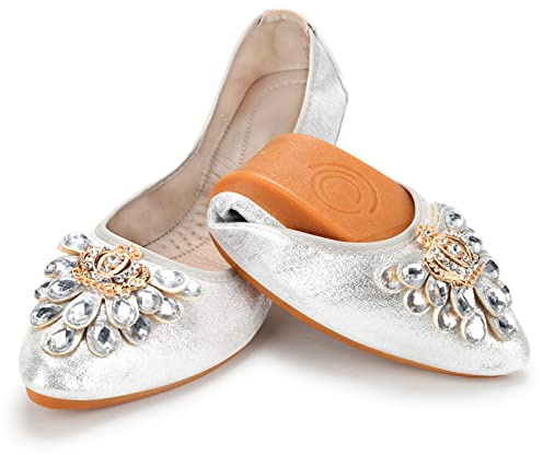 KUNWFNIX Women's Ballet Flats Foldable Classic Crown Rhinestone Slip On Flowers PU Leather Pointed Toe Comfort Flat Casual Dress Shoes