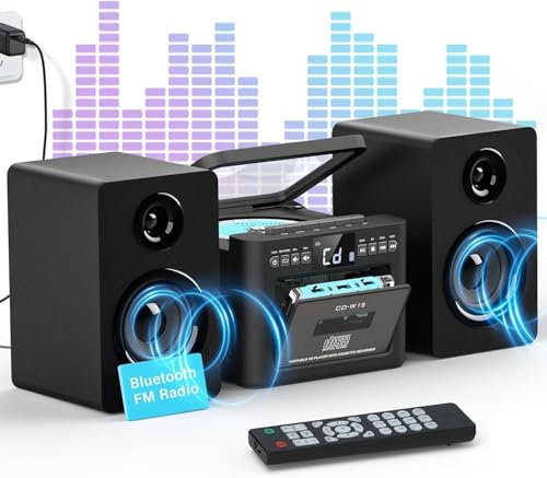 Greadio Impianto stereo per la casa con Boombox CD e lettore di cassette Combo, sistema stereo domestico da 40 W con Bluetooth, radio FM/USB/TF/AUX/telecomando, altoparlanti da scaffale in legno