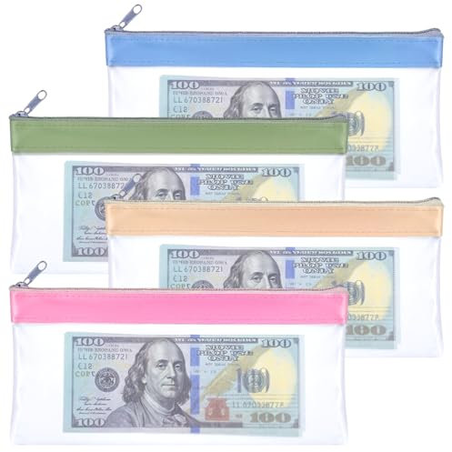 YUXIANLB 4 Stück Durchsichtige Geldbeutel mit Reißverschluss Vielseitige Geldumschläge für Bargeld Bankeinzahlungen und Münzsammlungen Praktische Scheckbörse für Reisen Bürobedarf und Kosmetik