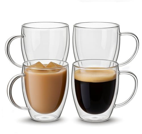 Set of 4 Double Walled Glass Coffee Mugs with Handles, 12oz Clear Coffee Mugs for Hot/Cold Beverages, Insulated Borosilicate Glass Cups for Cappuccino, Espresso, Latte, Tea, Milk, Microwave Safe