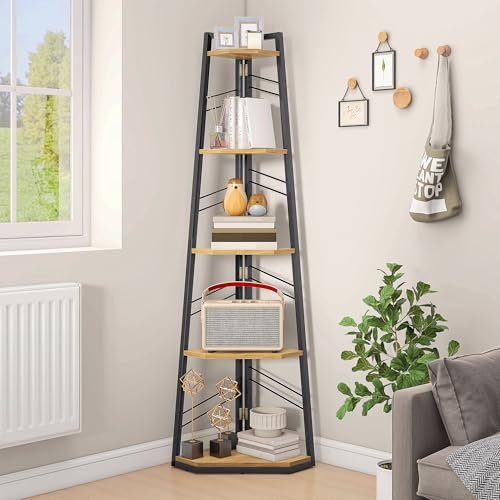 DWVO Corner Shelf 5 Tiers, Corner Bookshelf with Metal Frame, Industrial Ladder Bookcase Floorstanding Display Shelf Tall Storage Rack for Living Room Kitchen Bedroom, Oak Book Shelves