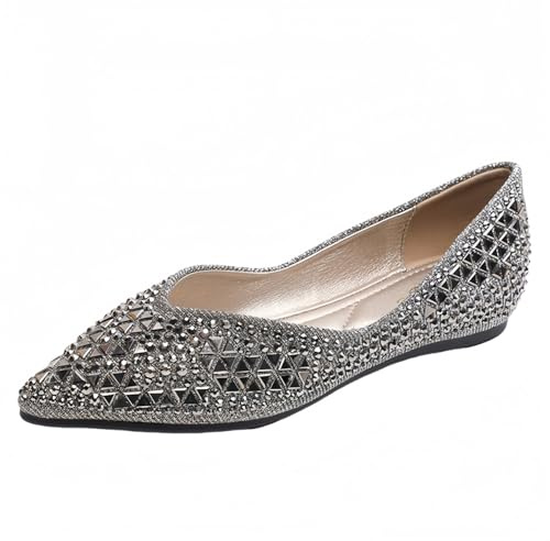 FQLGJMY Femmes pointé Strass Ballet Chaussures Plates Glitter Fleurs Arc fête de Mariage Confort Talon Bas élégant Robe Appartements