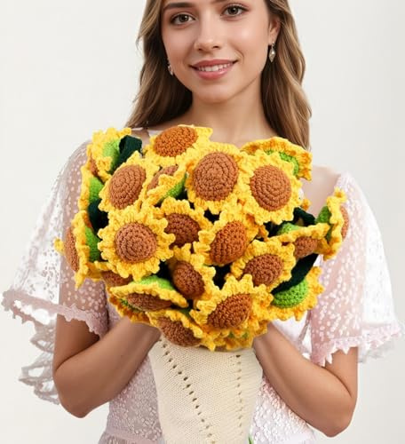 JILIP Coperta A Mazzo di Girasoli, Coperta Fiorita all'Uncinetto/Maglia Lavorata A Mano, Calda Coperta da Divano Morbida, Regalo per Compleanno/Matrimonio/San Valentino(110cm/43.3in)