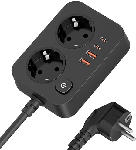 EYMUOBC Regleta Enchufes 6-en-1 con USB-C Carga Rápida y Protección Sobretensión, 2 Enchufes con Interruptor y 4 Puertos USB(2 USB-C&2 USB-A), Cable Alargador 2M, para Casa, Oficina y Viajes