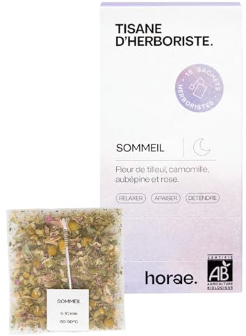 Horae - Tisane sommeil bio 15 sachets - Infusion de tilleul, camomille, aubépine, rose - Tisane bien-être pour dormir, se relaxer, se détendre - Tisane d'herboristes produite en France