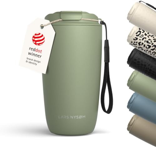 LARS NYSØM Taza Térmica Café 500ml - Vaso Termo Cafe para Llevar - Aislante | Termo Cafe para Llevar de Acero Inoxidable - con Correa y Tapa - caliente 4h frías 8h - Prueba de Fugas Bebida Caliente y Té