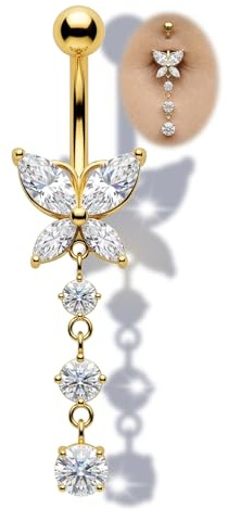AceFun Navelpiercing, silver, guldpläterad, 925, 14G, 6 mm, 8 mm, 10 mm, 12 mm, 14 mm, piercing, fjäril, mage, rund zirkonia, långt hänge, piercingsmycken för kvinnor