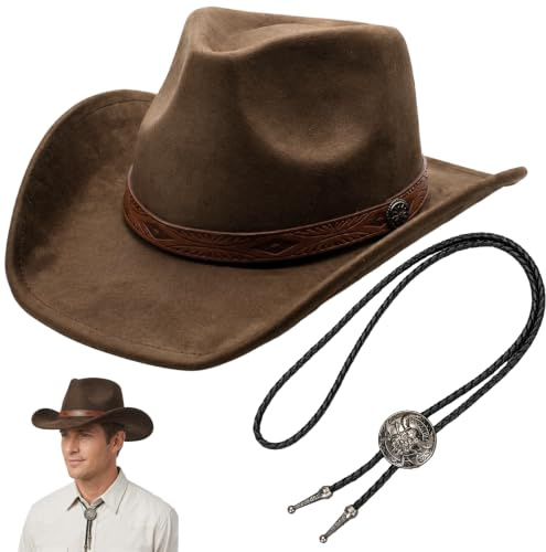 QhgPnt 2Pcs Set Suede Cowboy Hat Men, Brown Cowboy Hat Leather Accessory, Western Fashion Enthusiasts Wear, Themed Party Attendees Outfit for Party Travel Beach Outdoor