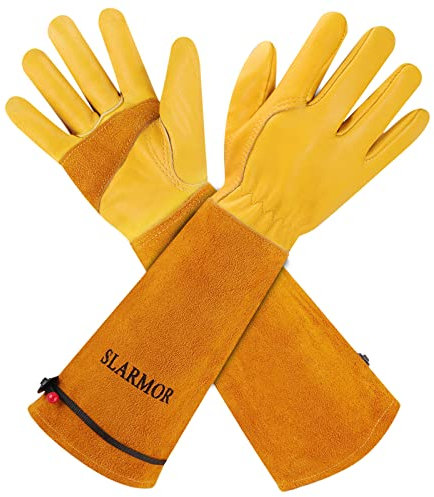 SLARMOR Gants de Jardinage pour Hommes/Femmes, Gants de Travail en Cuir de Vache Durables, Résistant aux épines - avec Protection des Avant-Bras pour Jardinier et Fermier, Épaississement Jaune,M