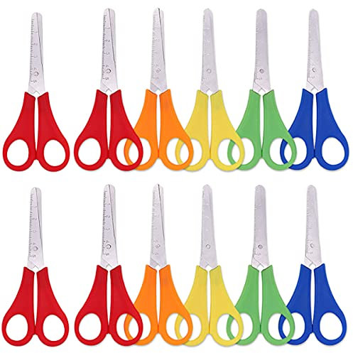 12 Pcs Children Safety Scissors Plastic Handle Paper Scissors Preschool Training Scissors with Centimeter Scale for School Office Home Craft Projects ( Random Color )