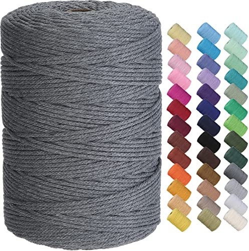 GOHOF Cotton Macrame Cord 3mm 300m Natural Colored Macrame Supplies, Soft Craft Cotton Rope for Plant Hanger Wall Hanger Dreamcatcher (Dark Grey)