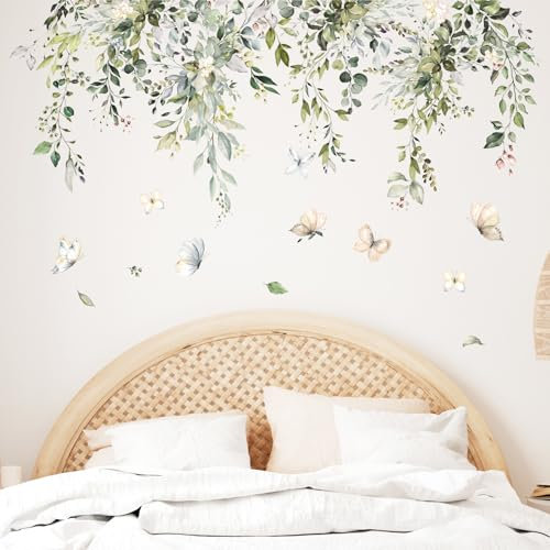 Tanlaby Foglie Verdi Adesivi Murali Piante Verdi Acquerello Adesivi da Parete Grandi Farfalle Floreali Stickers Muro Removibili per Camera da Letto Soggiorno Cucina Divano TV Decorazione Parete