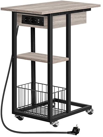 HOOBRO Beistelltisch mit Ladestation, Flip C-Form Sofatisch, Couchtisch mit Rädern und Ablagefläche, Nachttisch für Wohnzimmer, Schlafzimmer, Greige und Schwarz EBG022SF01G1