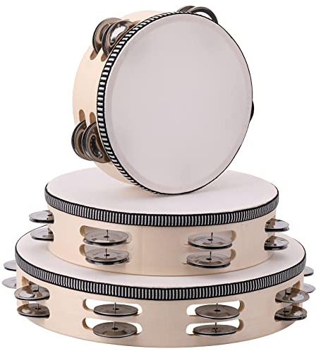 3Pack Double Row Tambourine for Adults 6 Inch 8 Inch 10 Inch Wooden Tambourines Hand Held Drum Bell Tambourine with Metal Jingles, Percussion Musical Instruments Hand Tambourine for Church, Party