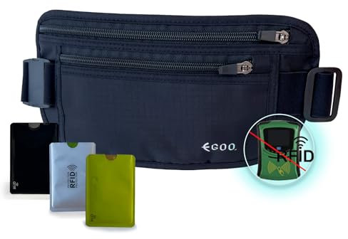 EGOO - Ultraleichter RFID Geldgürtel mit Verstellbarem Gummiband für Reisen Versteckte Sicherheits Reisepasshülle mit Mehreren Taschen + 3 RFID Kartenschutzhüllen (Schwarz)