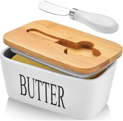 Butter Dish with Lid and Knife, Large 650ML Butter Container, European Size Porcelain Butter Dish, Double Silicone Seals Butter Box for Storage Butter, Nuts and Cheese