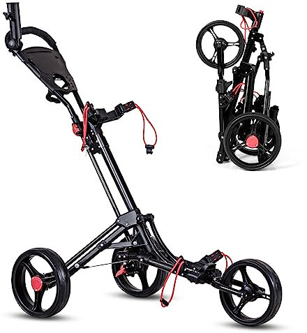 LIFEZEAL Golftrolley klappbar, Golfwagen mit 3 Rädern, Golf Trolleys aus Metall mit Regenschirmhalterung, Getränkehalter, Golf Cart mit verstellbarem Griff & Fußbremse, Schwarz