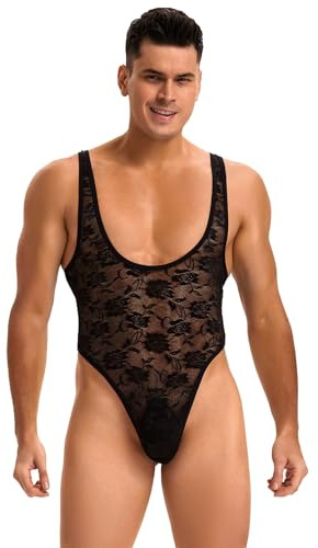 ohyeahlady Mens Sexy Underwear Bodysuit Lace Sheer Singlet Leotard Tops