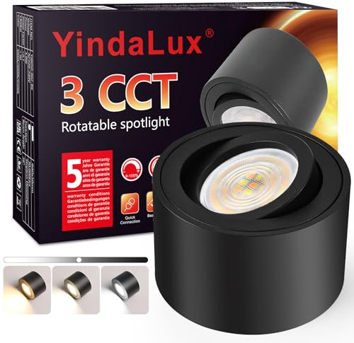 YindaLux 3CCT Spots de Plafond Noir, Extra Plat & Pivotant à 30°, Ø80x50mm Spot plafonnier en Aluminium, 5W 500LM Spot en Saillie Orientable, Dimmable Module LED 230V Inclus