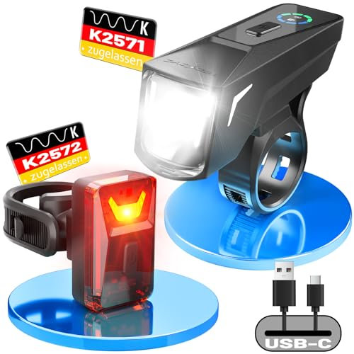 TECHCYC Fahrradlicht Set mit Lightsensesensor, Fahrradlampe bis zu 70 Lux LED, Fahrradbeleuchtung StVZO zugelassen, USB Aufladbar Fahrradlampe, IPX6, 2500 mAh Fahrradlichter Vorne & 300 mAh Rücklicht